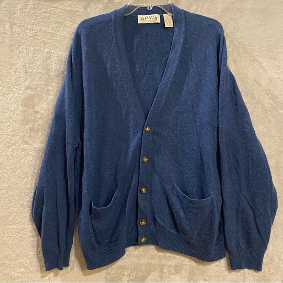 Orvis Cardigan Mens XL Blue Sweater Cashmere Grandpa Pockets